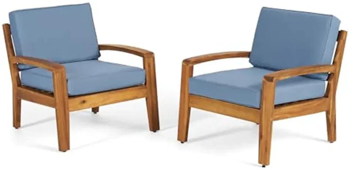 Christopher Knight Home Grenada Outdoor Acacia Wood Club Chairs with Cushions (Set of 2), 22.75 "W x 23.5 "D x 4 "H, Teak + Blue