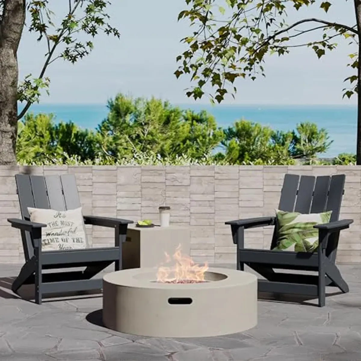 Christopher Knight Home Encino Outdoor Adirondack Chairs and 50,000 BTU Circular Propane Fire Pit, 30.5 "W x 32.5 "D x 37 "H, Black + Light Gray