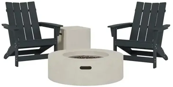 Christopher Knight Home Encino Outdoor Adirondack Chairs and 50,000 BTU Circular Propane Fire Pit, Black and Light Gray Resin