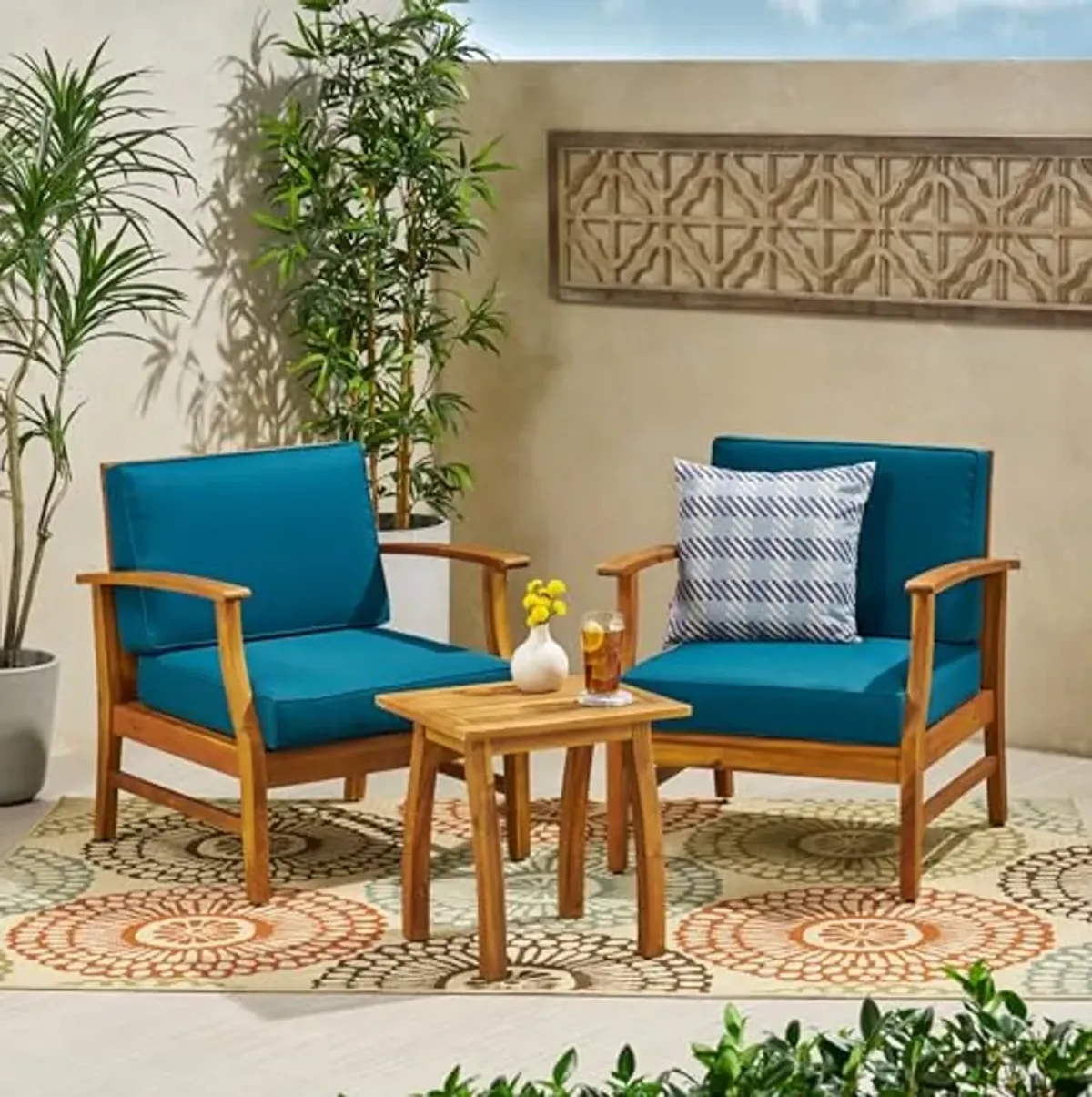 Christopher Knight Home Perla Outdoor 2 Seater Acacia Wood Bistro Set with Cushions, 28.25 "W x 28 "D x 32.75 "H, Teak + Blue