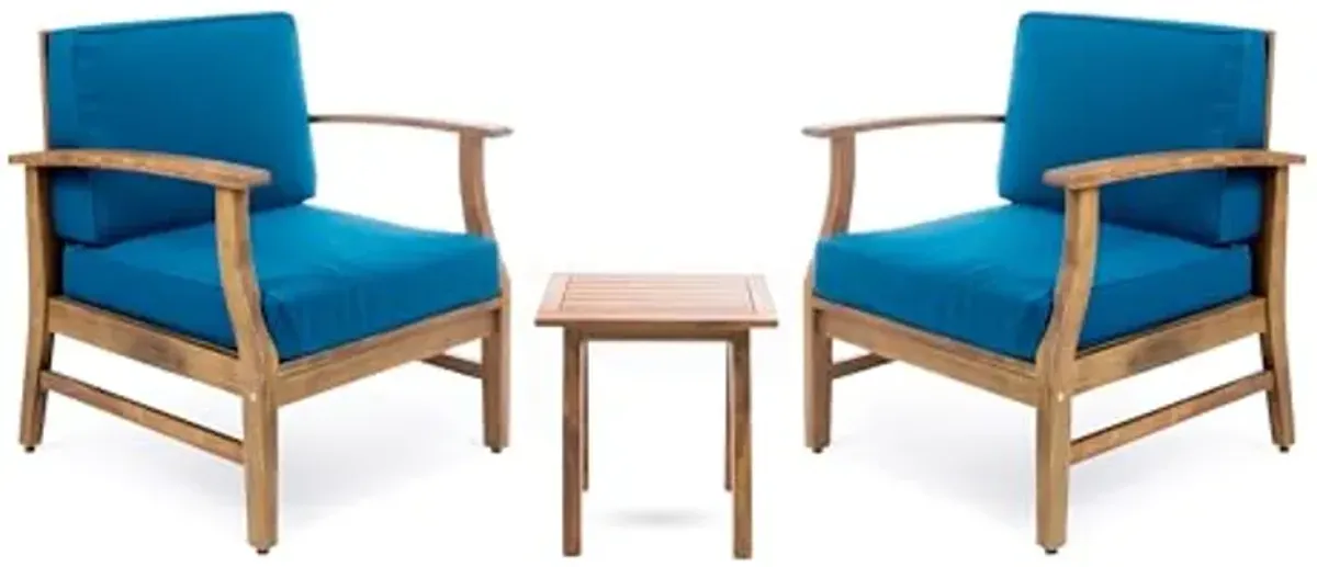 Christopher Knight Home Perla Outdoor 2 Seater Acacia Wood Bistro Set with Cushions, 28.25 "W x 28 "D x 32.75 "H, Teak + Blue