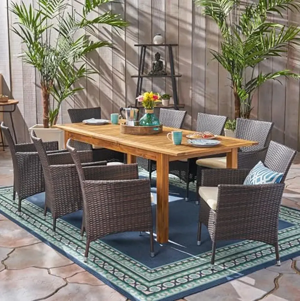 Christopher Knight Home Nadia Outdoor 9 Piece Wood and Wicker Expandable Dining Set, 23.25 "W x 24 "D x 33 "H, Multibrown + Beige + Sandblasted Natural Brown