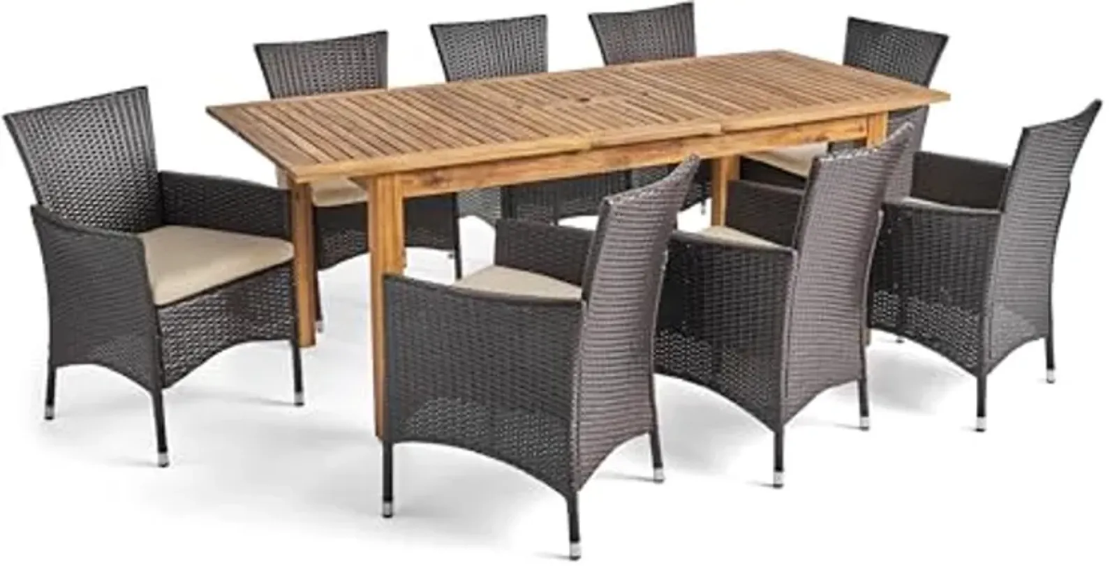 Christopher Knight Home Nadia Outdoor 9 Piece Wood and Wicker Expandable Dining Set, 23.25 "W x 24 "D x 33 "H, Multibrown + Beige + Sandblasted Natural Brown