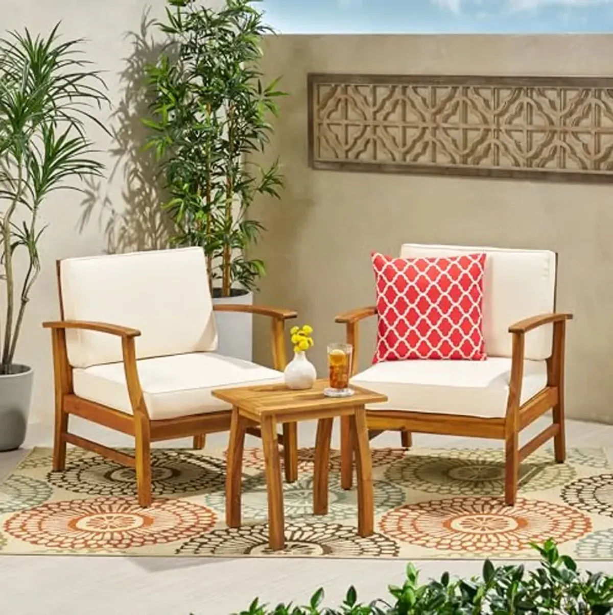 Christopher Knight Home Perla Outdoor 2 Seater Acacia Wood Bistro Set with Cushions, 28.25 "W x 28 "D x 32.75 "H, Teak + Cream