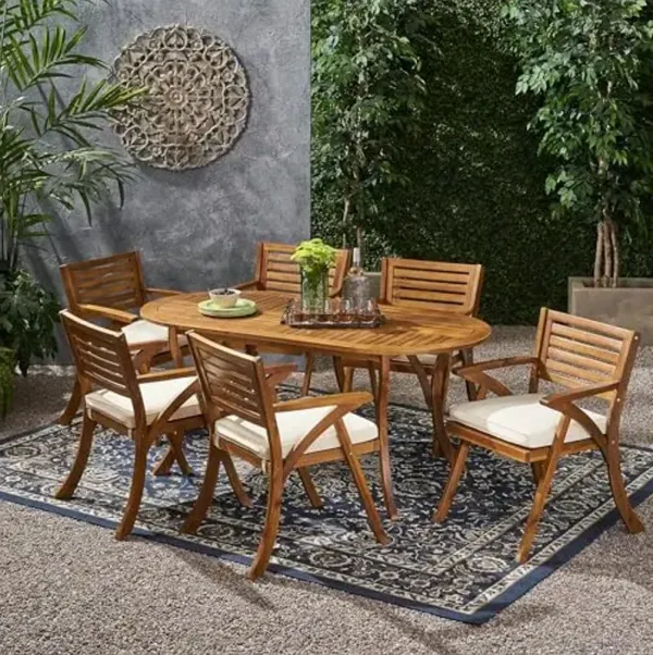 Christopher Knight Home Outdoor 6 Seater Acacia Wood Oval Dining Set with Cushions, Teak and Cream