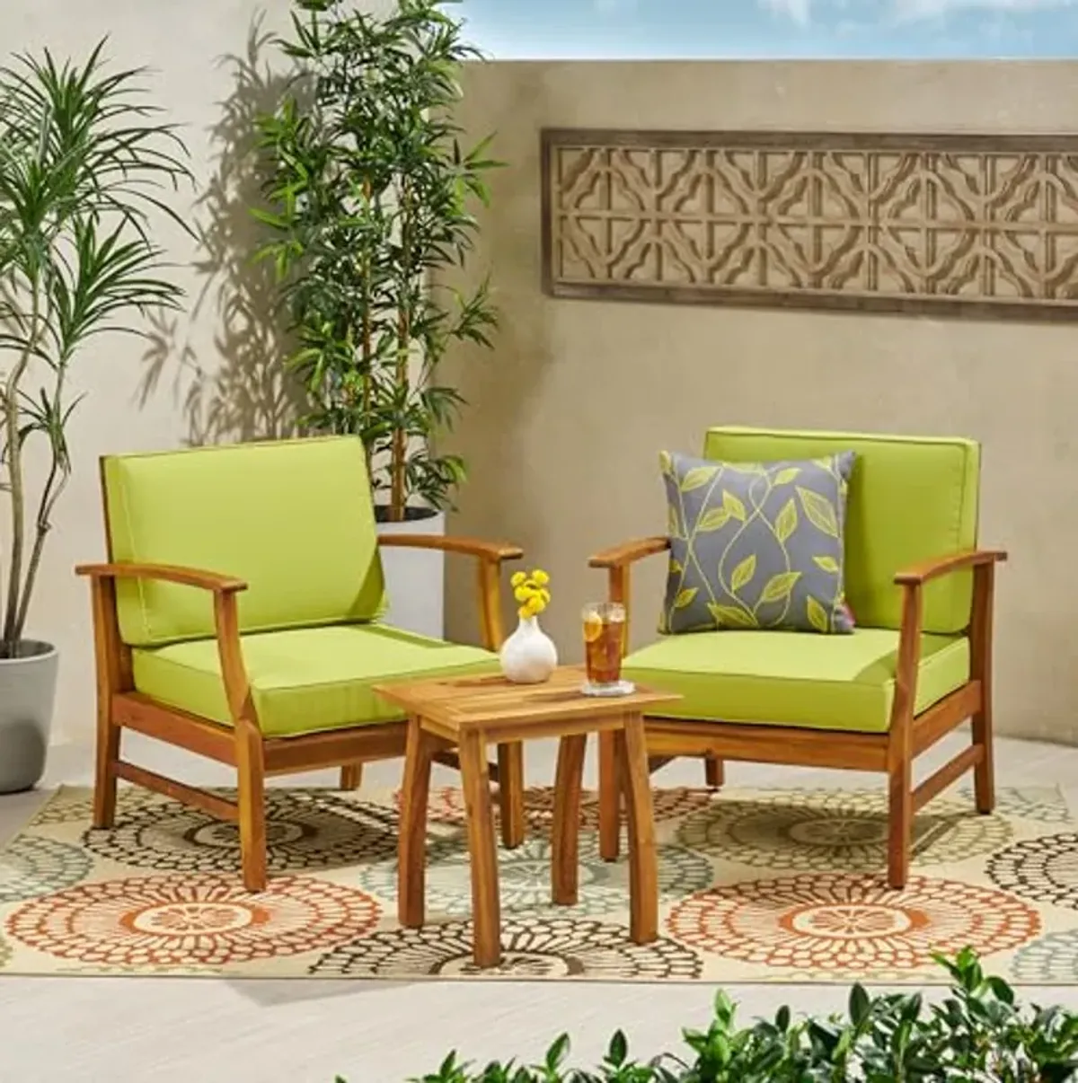 Christopher Knight Home Perla Outdoor 2 Seater Acacia Wood Bistro Set with Cushions, 28.25 "W x 28 "D x 32.75 "H, Teak + Green