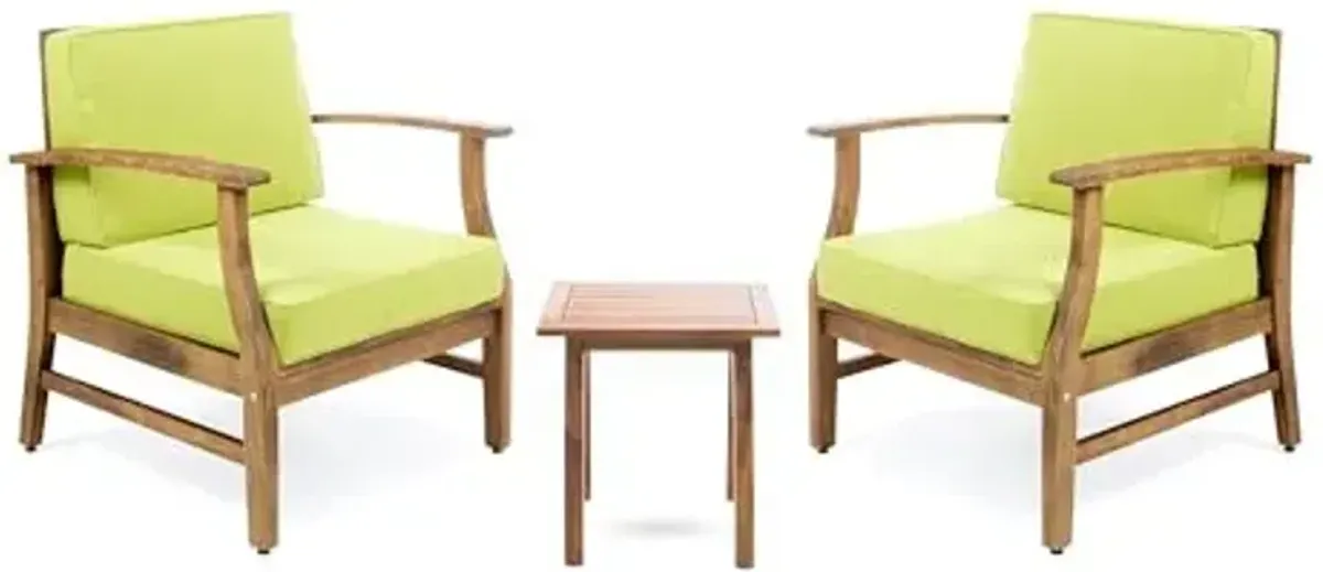 Christopher Knight Home Outdoor 2 Seater Acacia Wood Chat Set with Cushions, Teak and Green