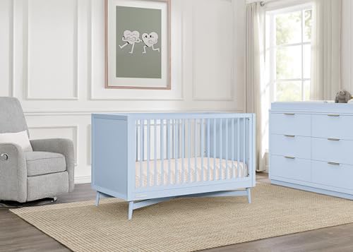 Delta Children Dylan Crib 6-Piece Baby Nursery Furniture Set–Includes: Convertible Crib, Dresser, Changing Top, Crib Mattress, Fitted Sheets & Changing Pad, Cloud Blue