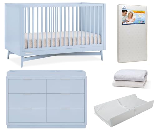 Delta Children Dylan Crib 6-Piece Baby Nursery Furniture Set–Includes: Convertible Crib, Dresser, Changing Top, Crib Mattress, Fitted Sheets & Changing Pad, Cloud Blue