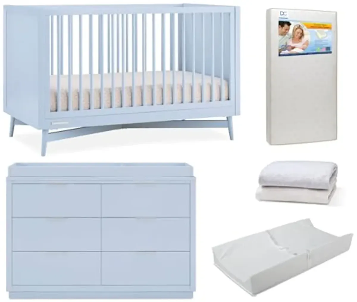 Delta Children Dylan Crib 6-Piece Baby Nursery Furniture Set–Includes: Convertible Crib, Dresser, Changing Top, Crib Mattress, Fitted Sheets & Changing Pad, Cloud Blue