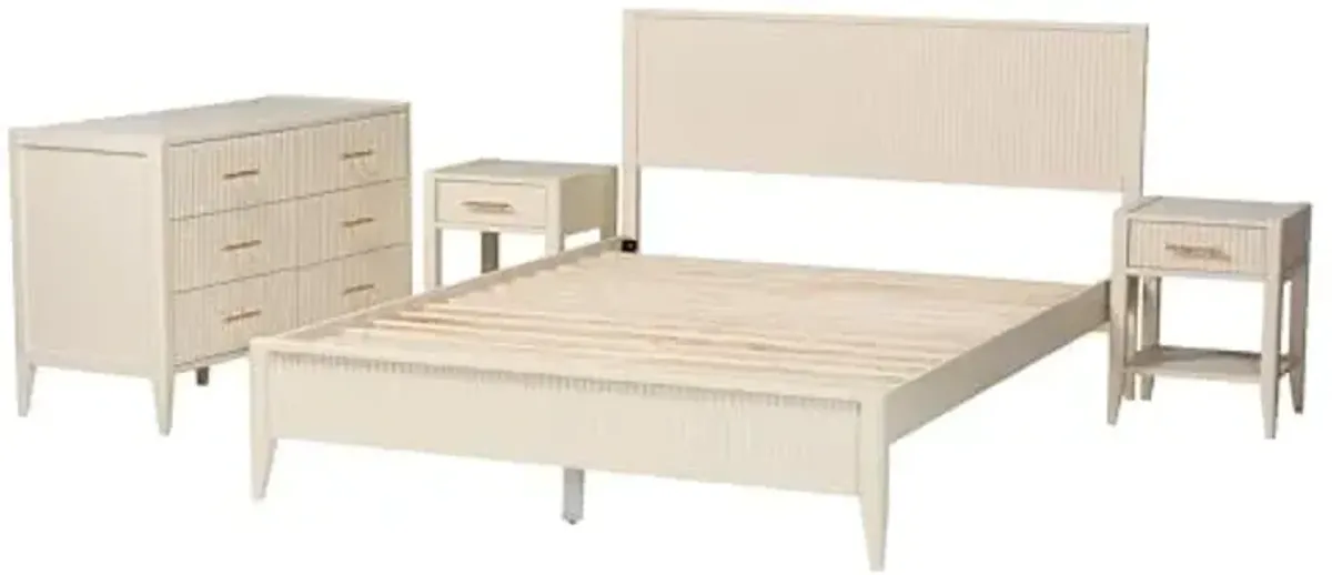 Baxton Studio Primrose Fluted Wood Platform Bed Set, 4-Piece, Queen, Ivory