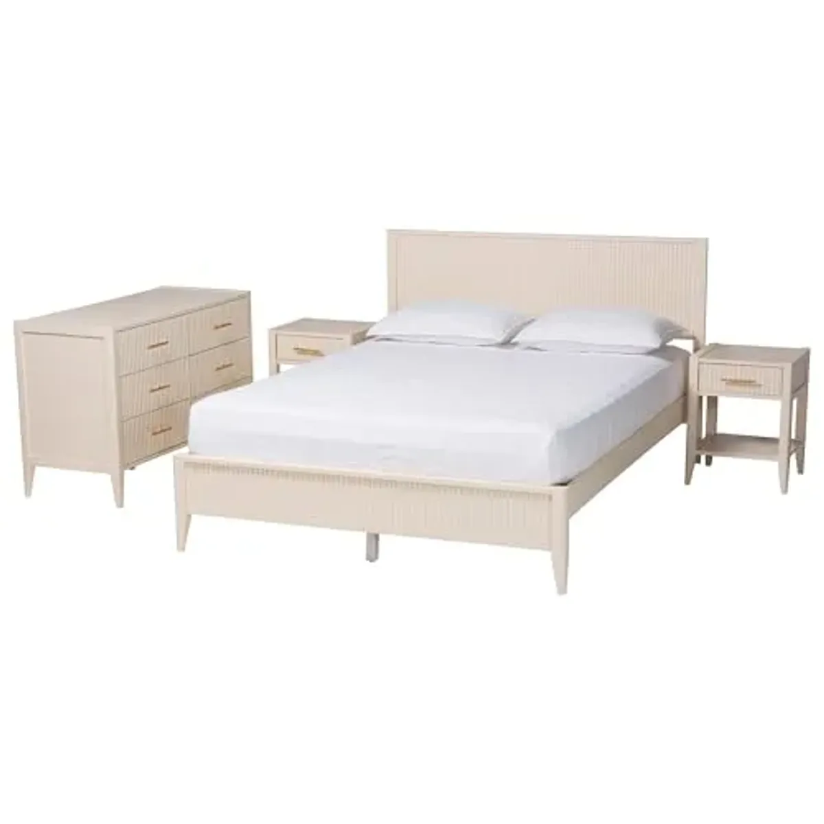 Baxton Studio Primrose Fluted Wood Platform Bed Set, 4-Piece, King, Ivory