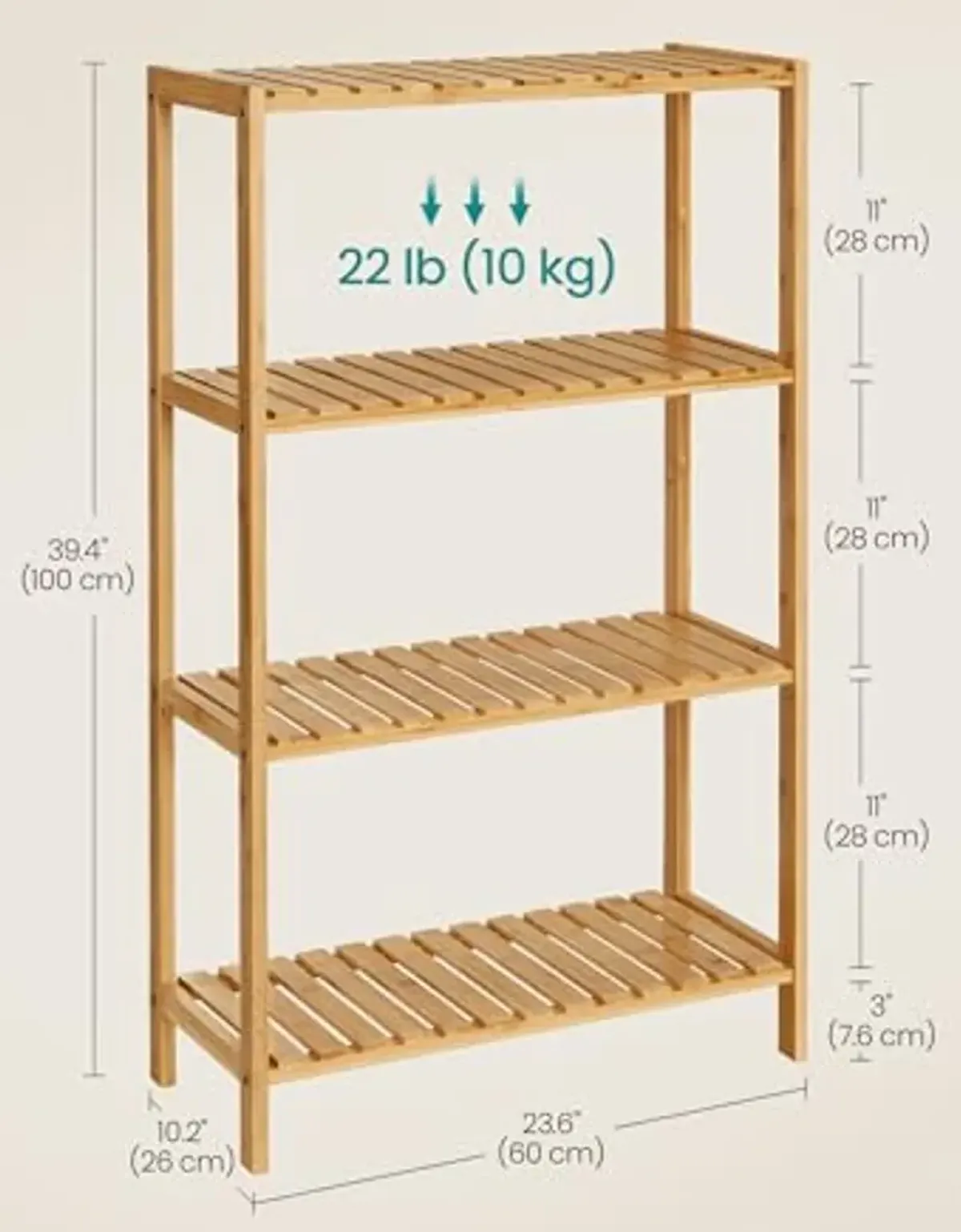 SONGMICS Bamboo Storage Shelf, 4-Tier Shelving Unit, Multifunctional, in The Entryway, Bathroom, Living Room, Balcony, Kitchen, 10.2 x 23.6 x 39.4 Inches, Natural Beige UBCB034Y01