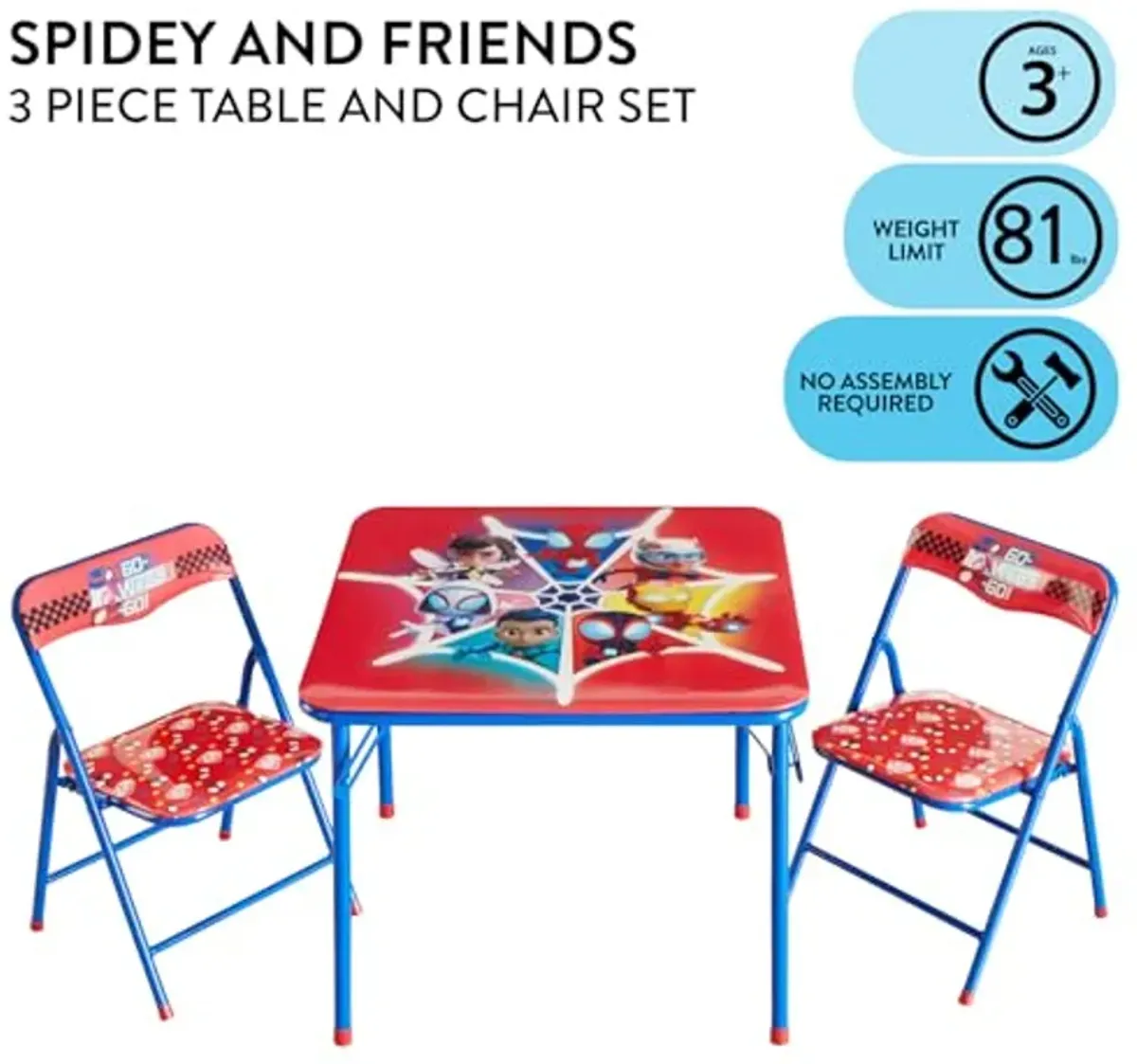 Idea Nuova Marvel Spidey and His Amazing Friends 3 Piece Children's Activity Square Table and 2 Folding Chairs Set, Ages 3+