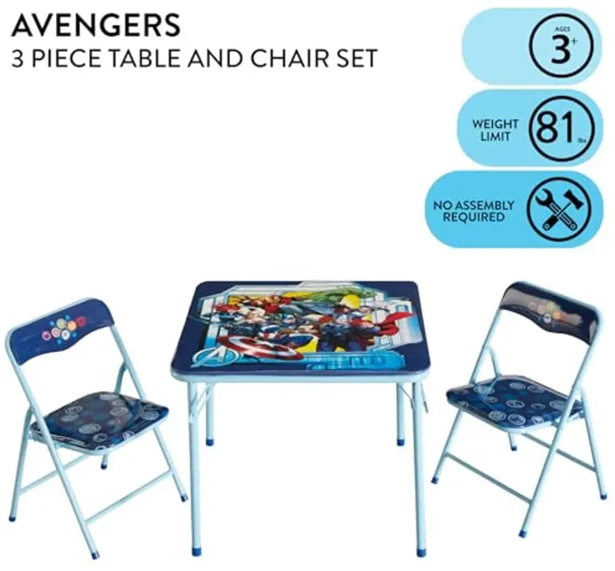 Idea Nuova Marvel Avengers 3 Piece Children's Activity Square Table and 2 Folding Chairs Set, Ages 3+