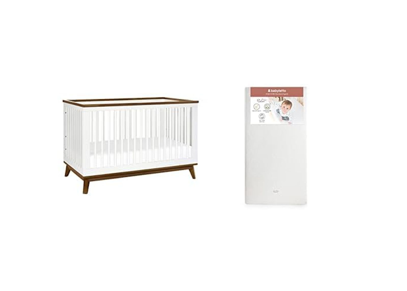 babyletto Scoot 3-in-1 Convertible Crib, White and Natural Walnut with Pure Core Crib Mattress