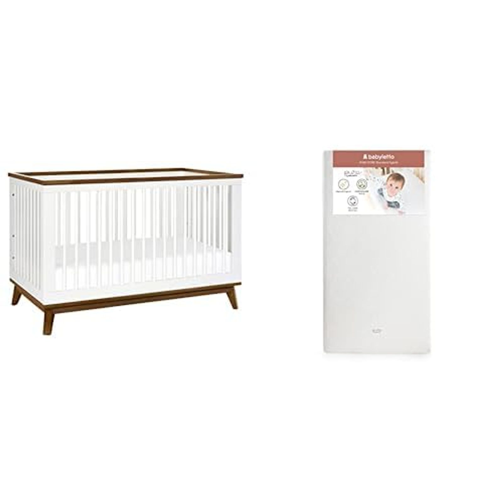 babyletto Scoot 3-in-1 Convertible Crib, White and Natural Walnut with Pure Core Crib Mattress