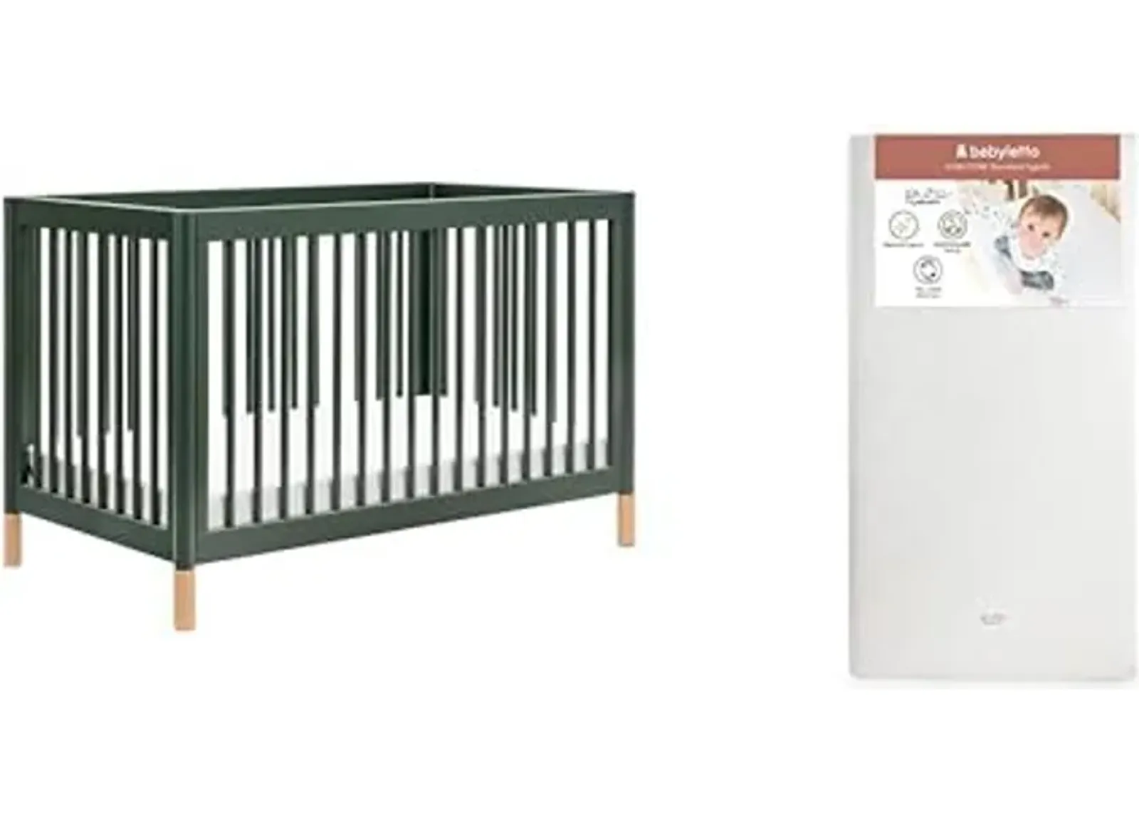 Babyletto Gelato 4-in-1 Convertible Crib, Forest Green with Vegan Blonde Leather Feet with Pure Core Crib Mattress