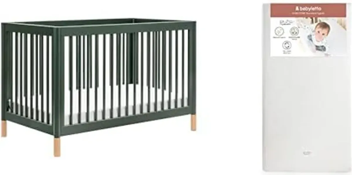 Babyletto Gelato 4-in-1 Convertible Crib, Forest Green with Vegan Blonde Leather Feet with Pure Core Crib Mattress