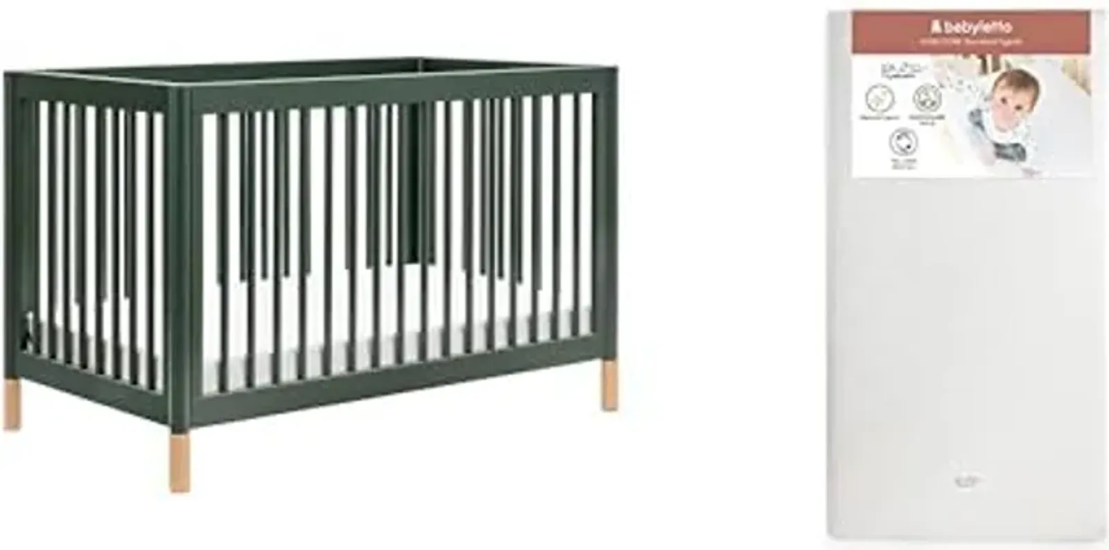 Babyletto Gelato 4-in-1 Convertible Crib, Forest Green with Vegan Blonde Leather Feet with Pure Core Crib Mattress