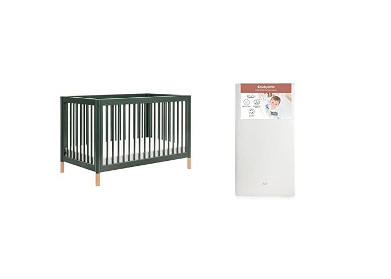 Babyletto Gelato 4-in-1 Convertible Crib, Forest Green with Vegan Blonde Leather Feet with Pure Core Crib Mattress