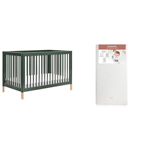 Babyletto Gelato 4-in-1 Convertible Crib, Forest Green with Vegan Blonde Leather Feet with Pure Core Crib Mattress