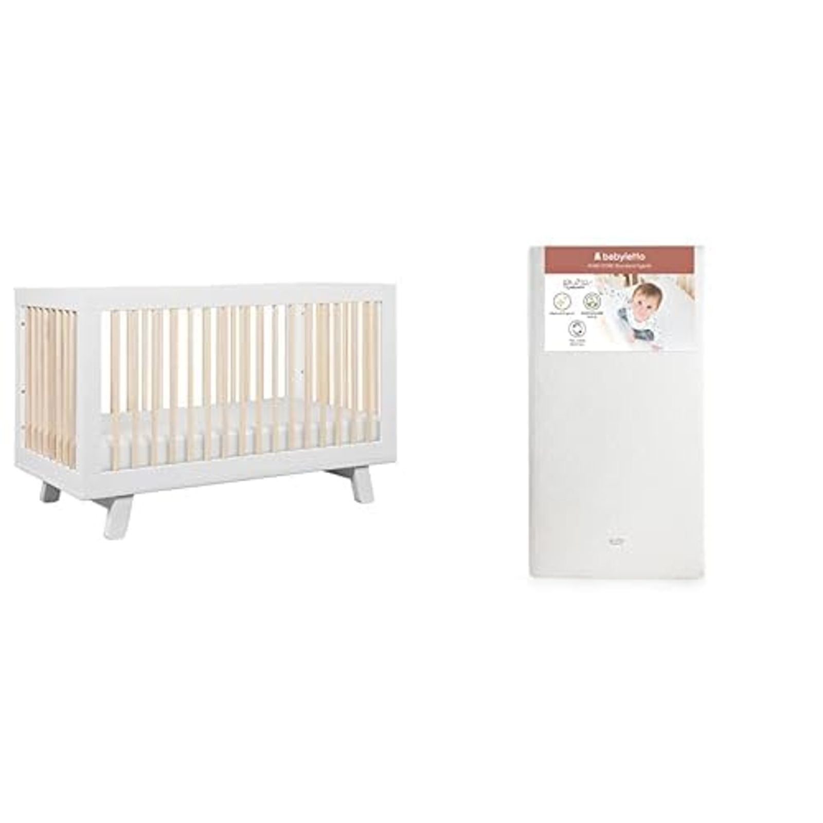 babyletto Hudson 3-in-1 Convertible Crib, White and Washed Natural with Pure Core Crib Mattress