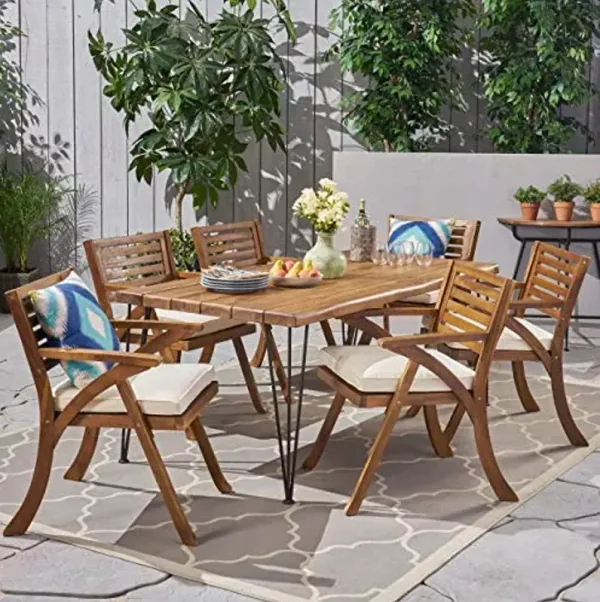 Christopher Knight Home Blaine Patio Dining Set, 72" 6-Seater, Acacia Wood Table Top and Chairs, Iron Table Legs, Teak, Rustic Metal, Cream