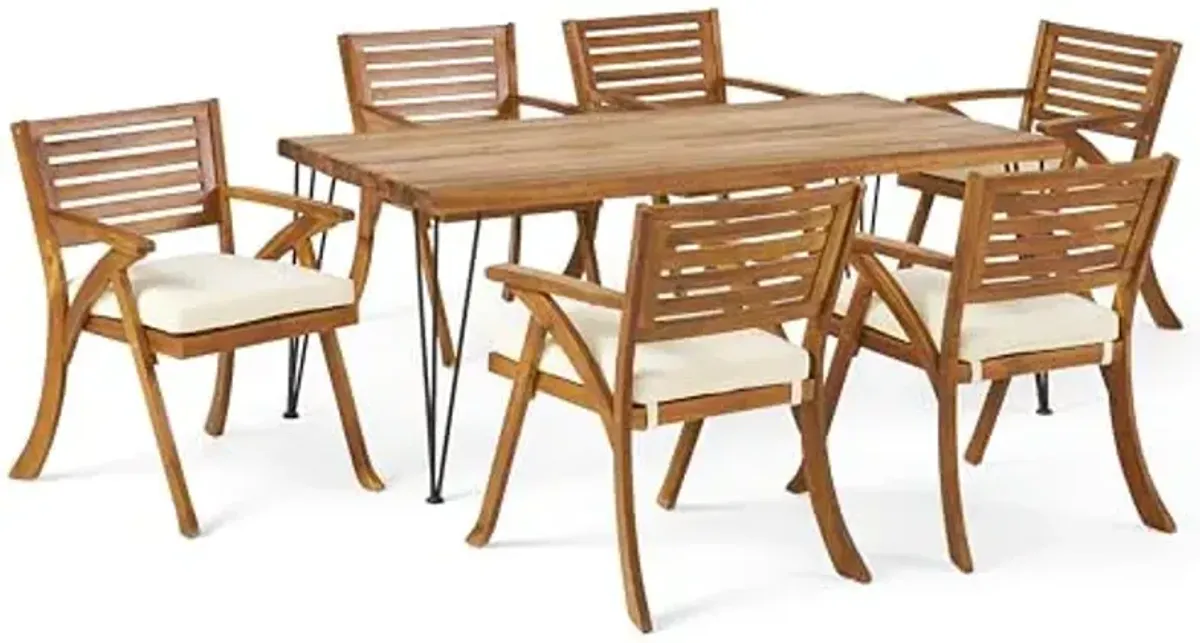 Christopher Knight Home Blaine Patio Dining Set, 72" 6-Seater, Acacia Wood Table Top and Chairs, Iron Table Legs, Teak, Rustic Metal, Cream
