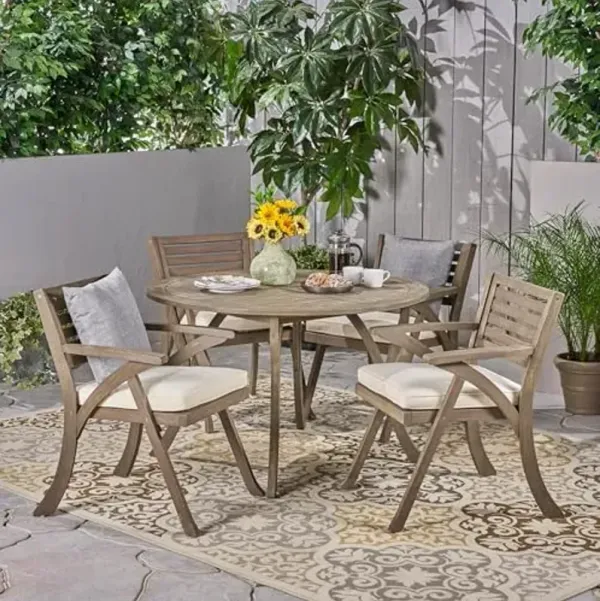 Christopher Knight Home Hermosa Outdoor 5 Piece Acacia Wood Dining Set with Round Table, Gray and Crème