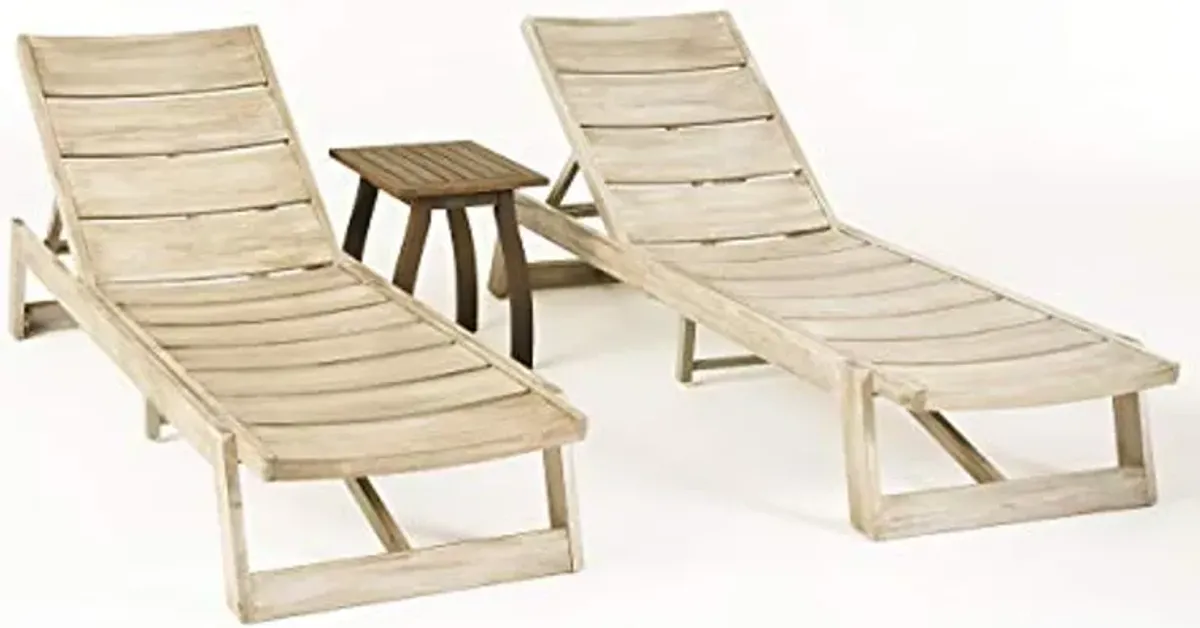 Christopher Knight Home Mahi Outdoor Acacia Wood Chaise 3 Piece Lounge Set, 78.75 "W x 26 "D x 12.25 "H, Weathered Gray + Gray