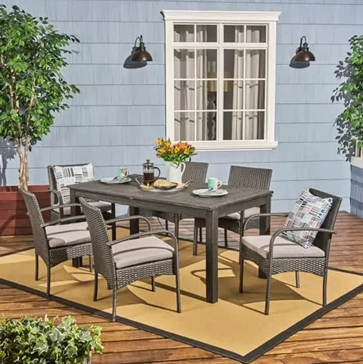 Christopher Knight Home Elmar Outdoor 7 Piece Wood and Wicker Expandable Dining Set, 22.1 "W x 23.5 "D x 32.75 "H, Gray + Sandblasted Dark Gray