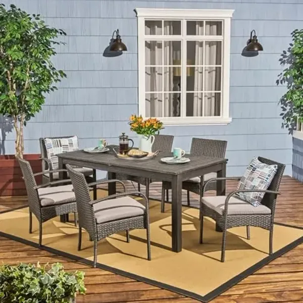 Christopher Knight Home Elmar Outdoor 7 Piece Wood and Wicker Expandable Dining Set, 22.1 "W x 23.5 "D x 32.75 "H, Gray + Sandblasted Dark Gray