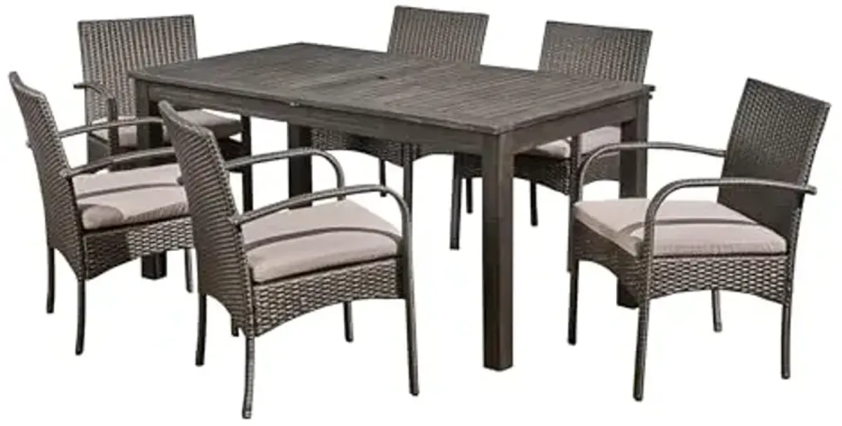 Christopher Knight Home Elmar Outdoor 7 Piece Wood and Wicker Expandable Dining Set, 22.1 "W x 23.5 "D x 32.75 "H, Gray + Sandblasted Dark Gray