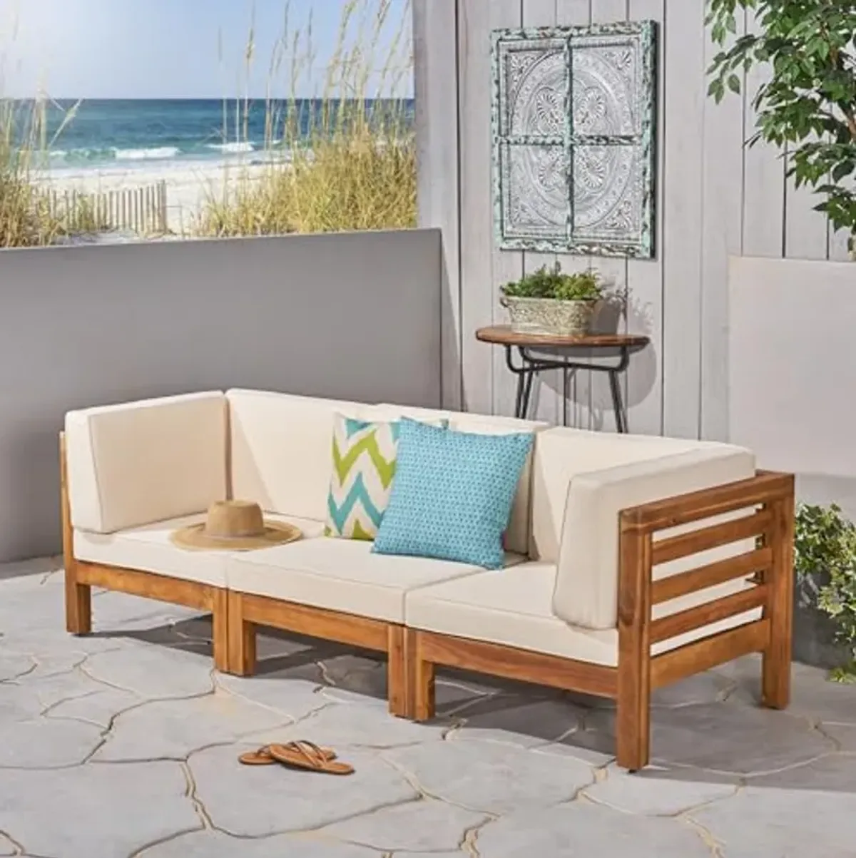 Christopher Knight Home Oana Outdoor Modular Acacia Wood Sofa with Cushions, 30.25 "W x 30.25 "D x 26.5 "H, Teak + Beige