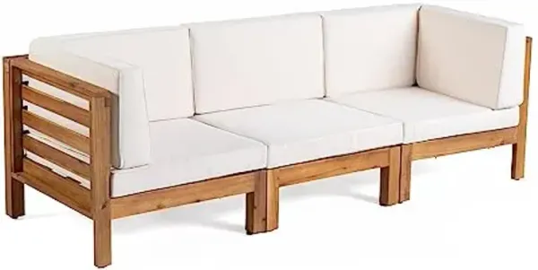 Christopher Knight Home Oana Outdoor Modular Acacia Wood Sofa with Cushions, Teak and Beige