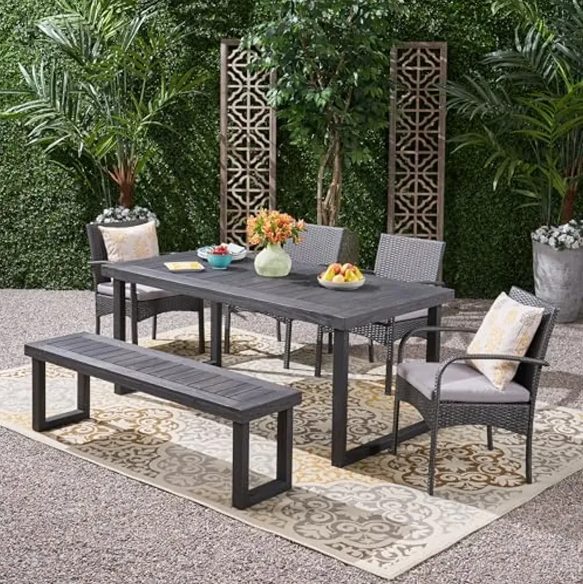 Christopher Knight Home Quessier Outdoor 6-Seater Aluminum Dining Set with Wicker Chairs and Bench, 22.1 "W x 23.5 "D x 32.75 "H, Sandblasted Dark Gray + Gray