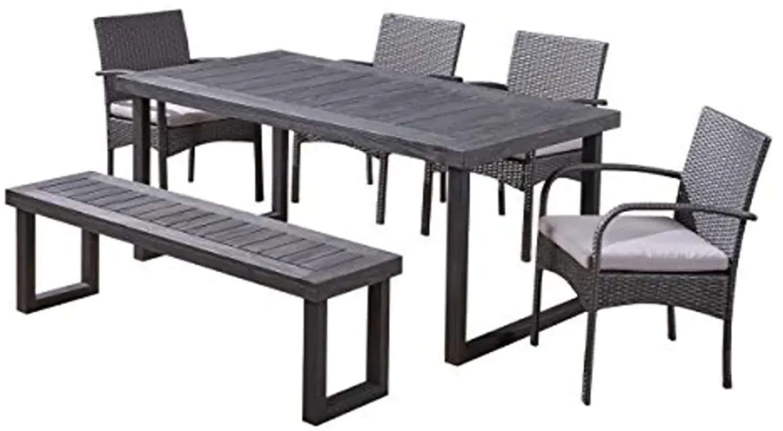 Christopher Knight Home Quessier Outdoor 6-Seater Aluminum Dining Set with Wicker Chairs and Bench, 22.1 "W x 23.5 "D x 32.75 "H, Sandblasted Dark Gray + Gray