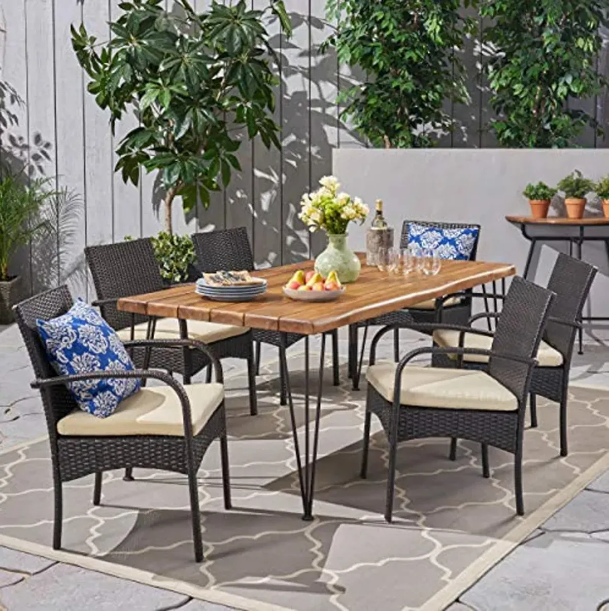 Christopher Knight Home Clayton Patio Dining Set Acacia Wood Iron Table Legs 6-Seater Cushioned Wicker Chairs, 22.1 "W x 23.5 "D x 32.75 "H, Teak + Multibrown + Cream + Rustic Metal