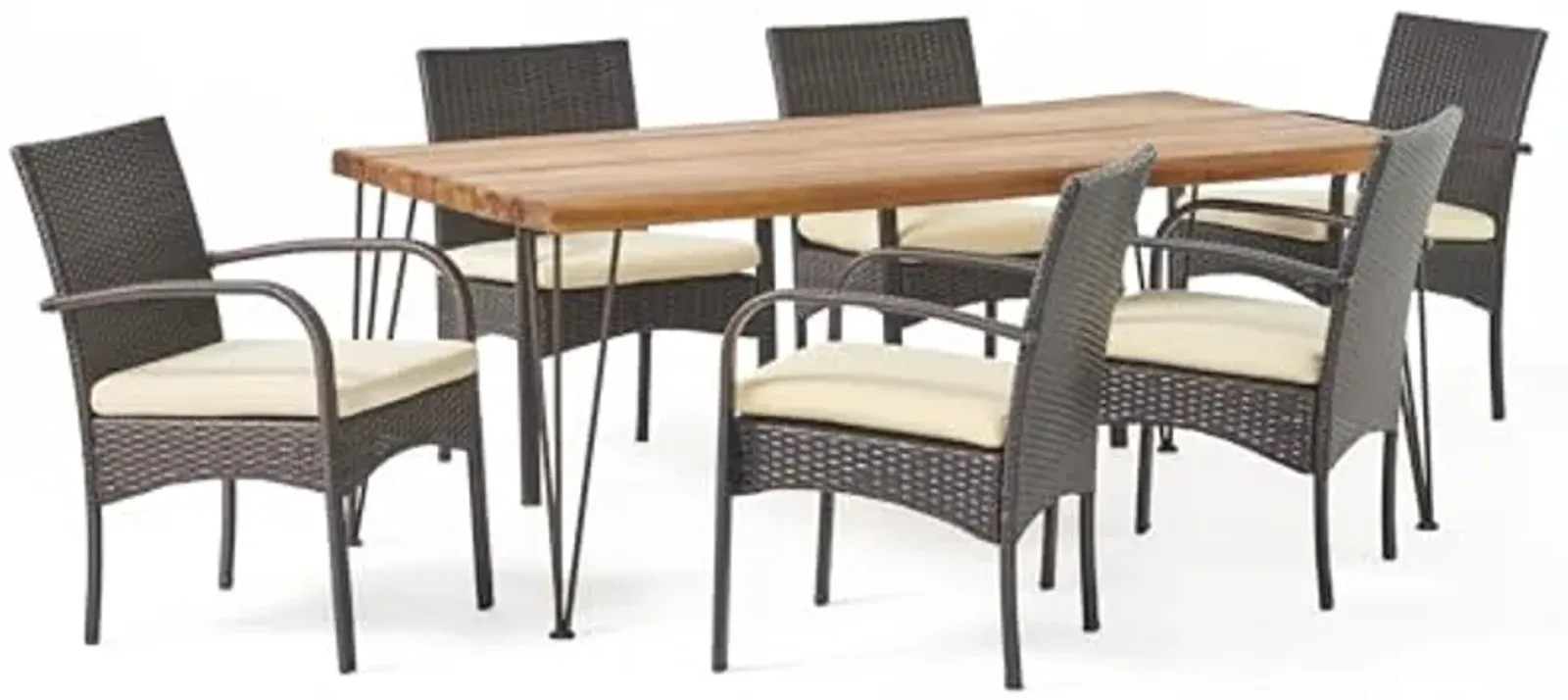 Christopher Knight Home Clayton Patio Dining Set Acacia Wood Iron Table Legs 6-Seater Cushioned Wicker Chairs, 22.1 "W x 23.5 "D x 32.75 "H, Teak + Multibrown + Cream + Rustic Metal