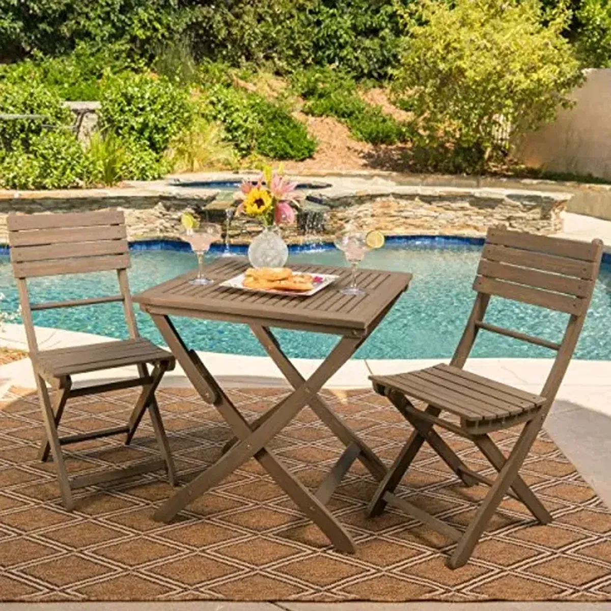 Christopher Knight Home Positano Outdoor 3 Piece Foldable Grey Finished Acacia Wood Bistro Set