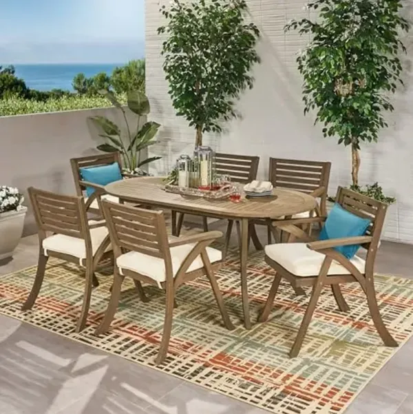 Christopher Knight Home Hermosa Outdoor 6 Seater Acacia Wood Oval Dining Set with Cushions, Gray and Cream