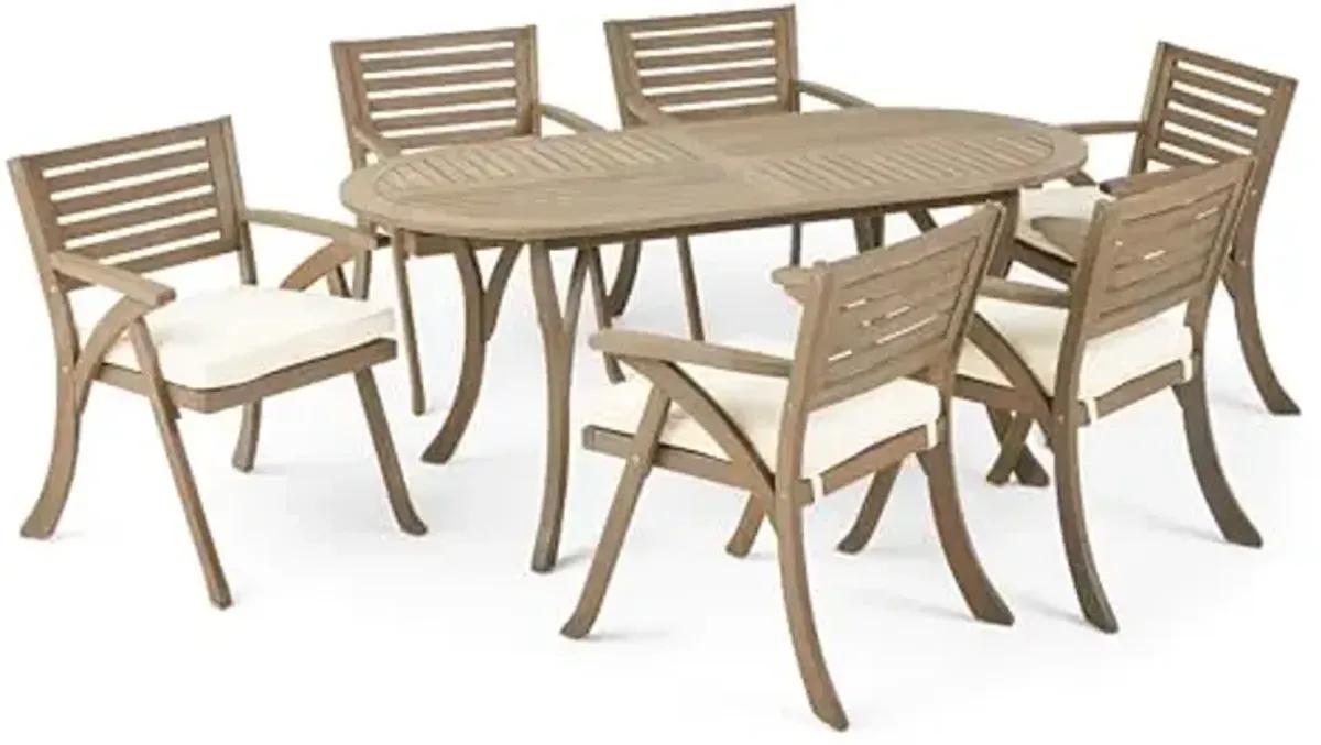 Christopher Knight Home Hermosa Outdoor 6 Seater Acacia Wood Oval Dining Set with Cushions, Gray and Cream