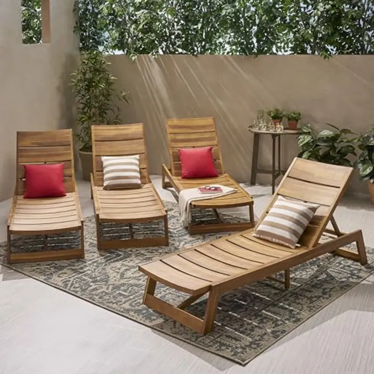 Christopher Knight Home Maki Outdoor Acacia Wood Chaise Lounge (Set of 4), 78.75 "W x 26 "D x 12.25 "H, Teak + Yellow