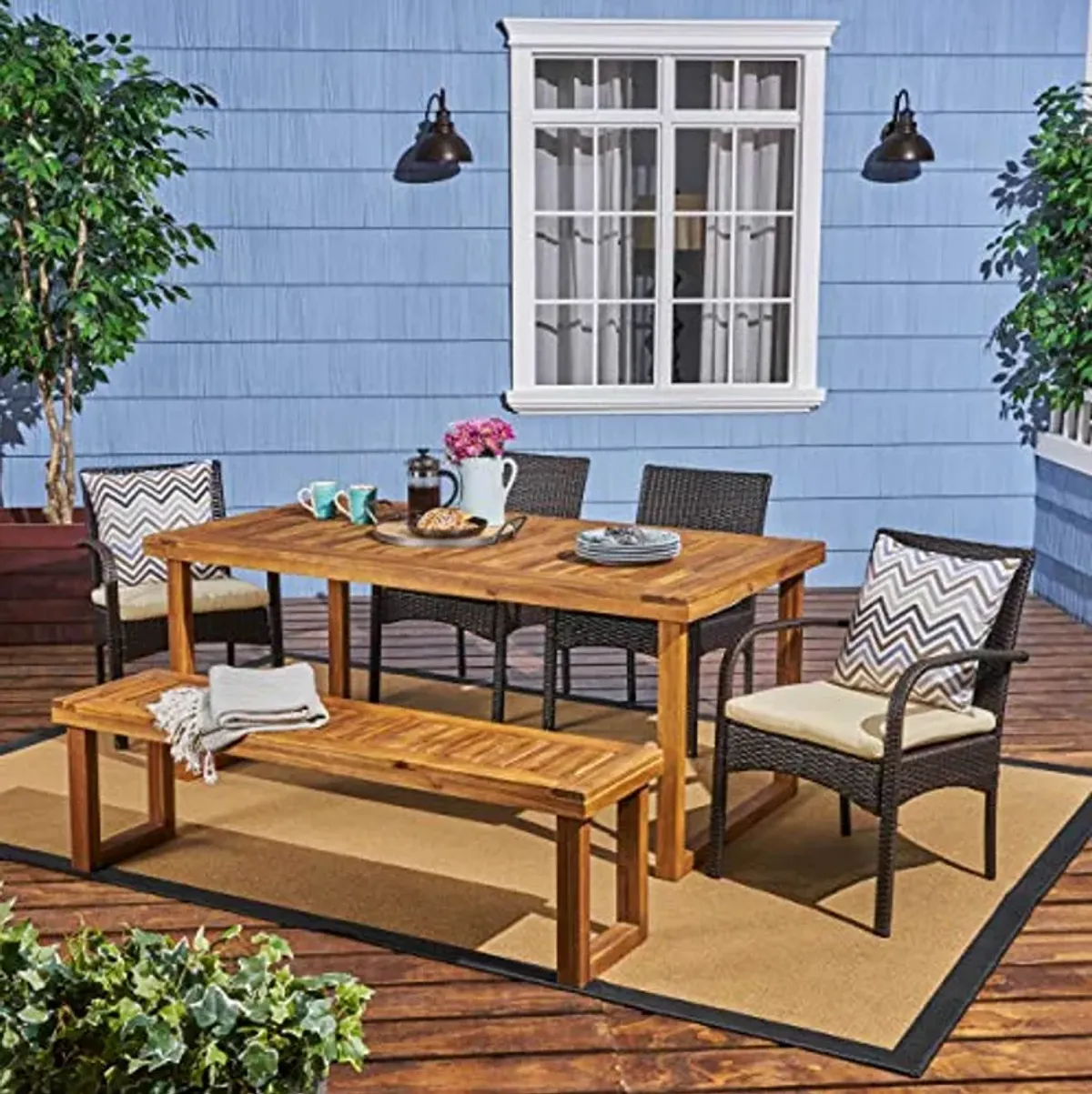 Christopher Knight Home Quessier Outdoor 6-Seater Acacia Wood and Wicker Dining Set with Bench and Water Resistant Cushions, 22.1 "W x 23.5 "D x 32.75 "H, Sandblasted Natural Brown + Brown + Cream