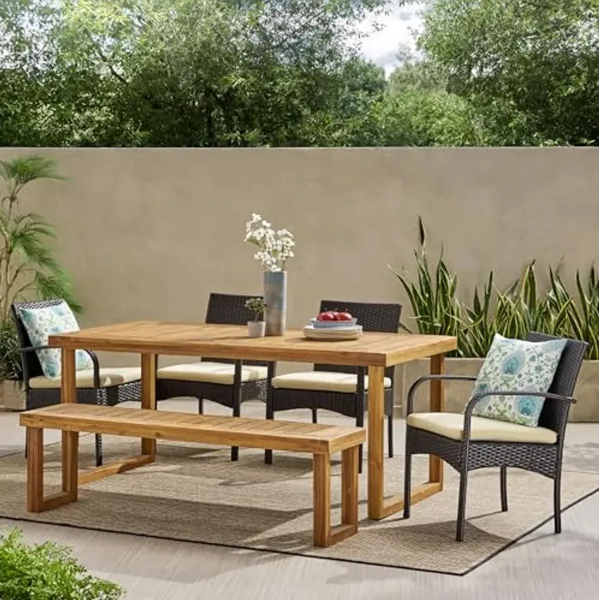 Christopher Knight Home Quessier Outdoor 6-Seater Acacia Wood and Wicker Dining Set with Bench and Water Resistant Cushions, 22.1 "W x 23.5 "D x 32.75 "H, Sandblasted Natural Brown + Brown + Cream