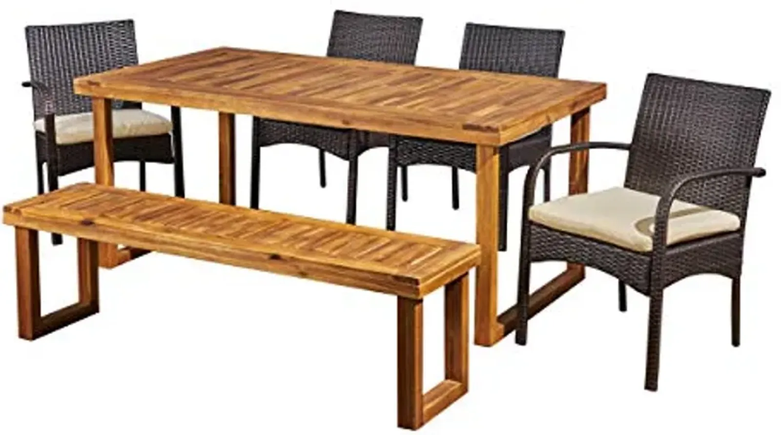 Christopher Knight Home Quessier Outdoor 6-Seater Acacia Wood and Wicker Dining Set with Bench and Water Resistant Cushions, 22.1 "W x 23.5 "D x 32.75 "H, Sandblasted Natural Brown + Brown + Cream