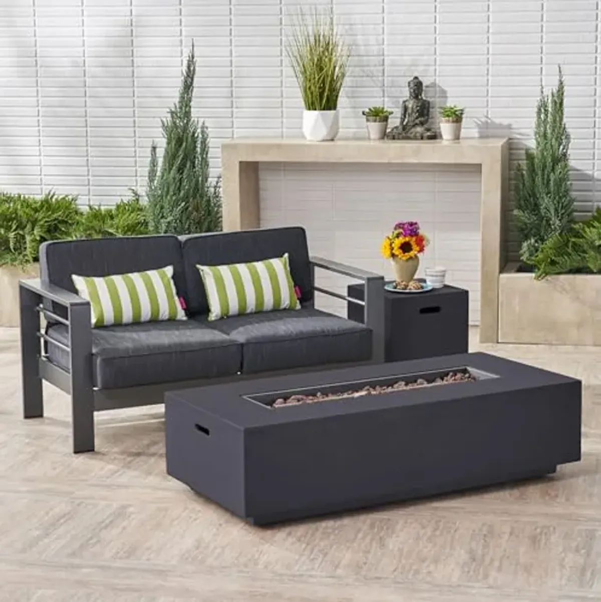 Christopher Knight Home Cape Coral Outdoor Aluminum Chat Set with Loveseat and Fire Table and Tank Holder, 56.75 "W x 27.50 "D x 24.5 "H, Gray + Dark Gray