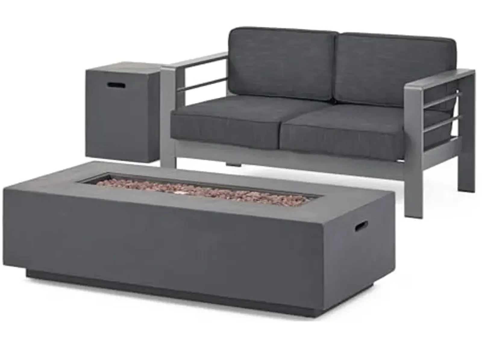 Christopher Knight Home Cape Coral Outdoor Aluminum Chat Set with Loveseat and Fire Table and Tank Holder, 56.75 "W x 27.50 "D x 24.5 "H, Gray + Dark Gray