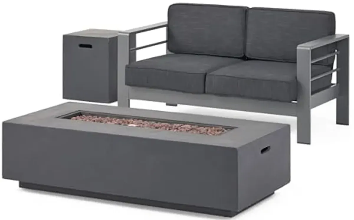 Christopher Knight Home Cape Coral Outdoor Aluminum Chat Set with Loveseat and Fire Table and Tank Holder, 56.75 "W x 27.50 "D x 24.5 "H, Gray + Dark Gray